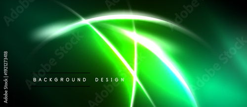 Abstract green background. Bright lines create dynamic, futuristic visual effect. Dark areas contrast vivid illumination.