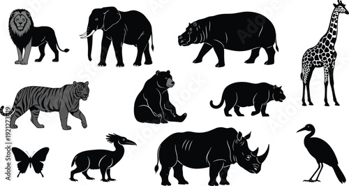 Black wild animal silhouette set with lion, elephant, giraffe, tiger and rhino, safari wildlife icons for zoo and nature conservation,