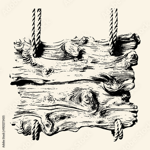 Rustic Wooden Signboard Hanging by Ropes Vintage Engraving