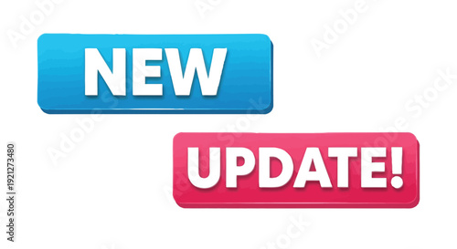 Two colorful digital banner buttons clearly displaying the words new and update with an exciting exclamation point variation signaling important changes