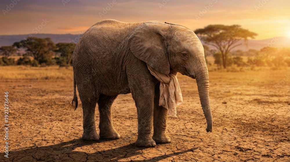 Fototapeta premium A majestic elephant stands alone in a savannah at sunset with trees in the background viewed from the side
