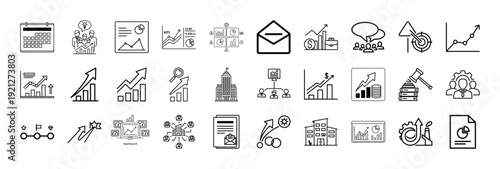 Set of 30 outline icons related to business, communication, branding, advertising and creative agency services