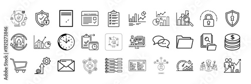 Set of 30 outline icons related to Cybersecurity, Dashboard, investment strategy, stock market and financial growth