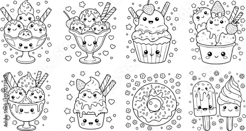 Set of funny cartoon food icons featuring a winter Christmas sketch with a Santa cat and holiday tree doodle design in a seamless vector pattern illustration