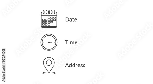 Simple line art icons representing essential details like date time and physical location for event planning organization