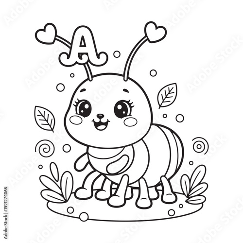 A is for Ant Kawaii Insect Coloring Page for Kids Bold Outline Smiling Line Art