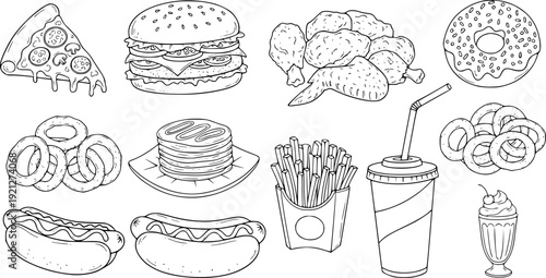 Vector set of hand drawn illustrations featuring different shapes of sea shells alongside cartoon fast food icons like hamburgers, coffee, and sweet dessert cupcakes