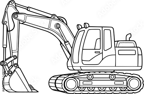 An isolated yellow heavy industrial excavator and shovel loader vehicle works as essential construction machinery for building and digging on a white background
