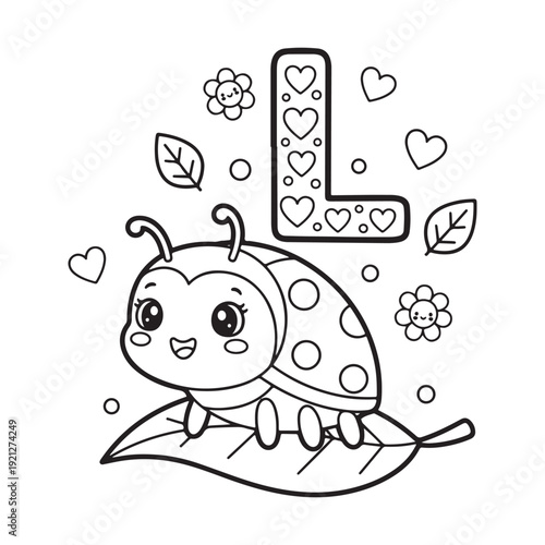 L is for Ladybug Kawaii Insect Coloring Page for Kids Bold Outline Smiling Line Art