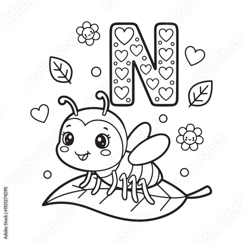 N is for Nymph Kawaii Insect Coloring Page for Kids Bold Outline Smiling Line Art