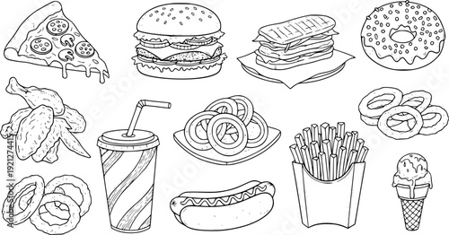 Cartoon vector illustration set of sweet bakery desserts including chocolate cupcakes, candy, and cream cakes alongside fast food icons like burgers, pizza, and coffee for a breakfast collection