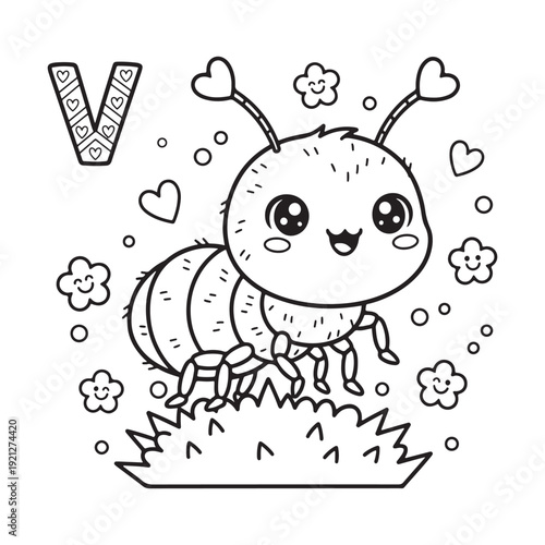 V is for Velvet Ant Kawaii Insect Coloring Page for Kids Bold Outline Smiling Line Art