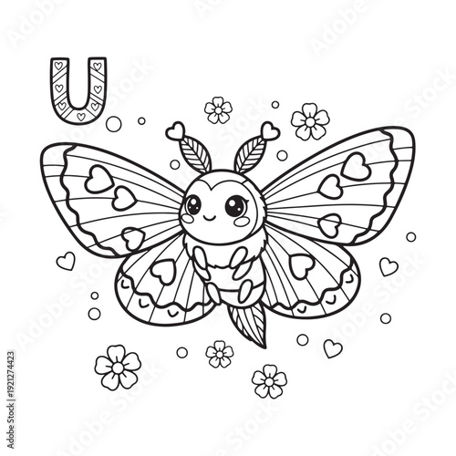 U is for Urania Moth Kawaii Insect Coloring Page for Kids Bold Outline Smiling Line Art