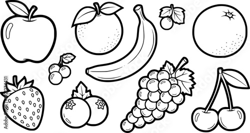 Vector illustration of a fresh healthy set of fruits and berries featuring apple, strawberry, banana, and pineapple icons in a cartoon design
