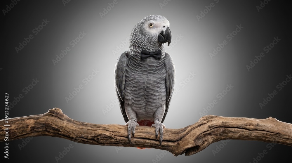 Obraz premium A gray parrot perched on a wooden branch, viewed from the front, showcasing its plumage in a studio setting