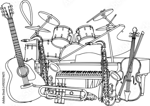 Hand-drawn sketch of a guitar surrounded by various music instruments