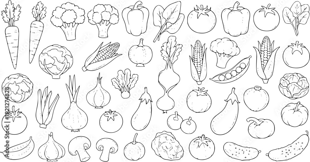 Obraz premium Hand drawn vector illustration set featuring a seamless pattern of doodle fruit and vegetable sketches including apple, cherry, and lemon for a sweet food design