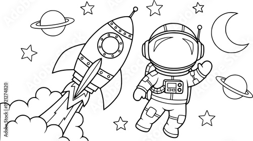 A funny cartoon vector illustration of a cute boy astronaut character riding a space rocket in a playful comic drawing style