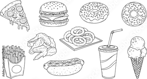 Vintage hand drawn ice cream set featuring a sketch vector pattern with bakery icons like cake and bread alongside fast food doodles of pizza and burgers for a seamless cafe meal illustration