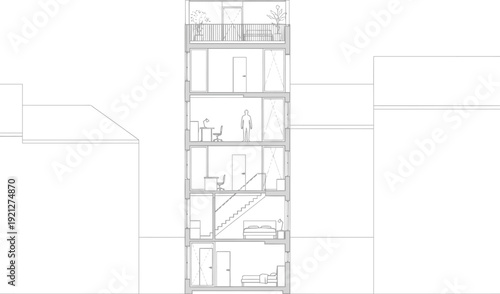 Architectural Section of a Slim Modern Multi-Level Residence: Clean Line Drawing Illustrating Interior Layout, Stairwell, and Balcony on a City Lot