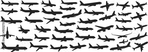 Diverse Collection of Airplane Silhouettes in Various Poses and Angles aircraft aviation