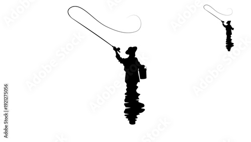 man fly fishing in a river, black isolated silhouette
