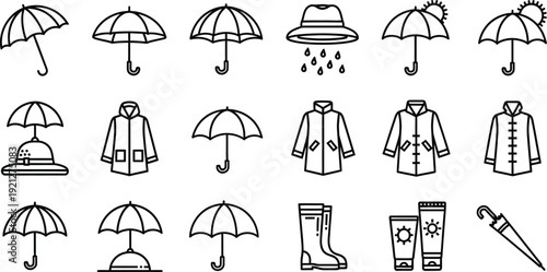 Collection of rainy day accessories and clothing line drawings