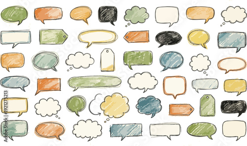 Craft scrapbook speech bubbles with crayon scribbles and pencil texture. Hand drawn outline dialogue bubbles with torn paper rough edges. Chat speech boxes, chalk drawn oval and clouds.