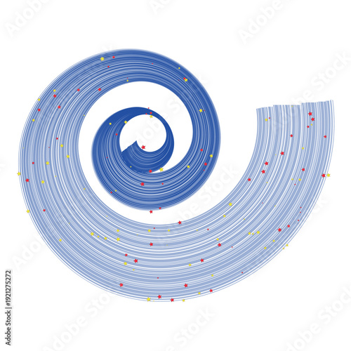 Vibrant blue spiral design with red and yellow stars on white background