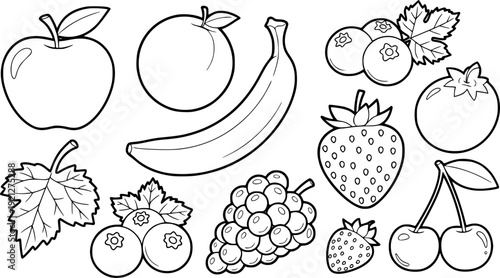 A fresh set of fruits and berries featuring a cartoon vector illustration of apple, banana, strawberry, and pineapple icons for healthy food design