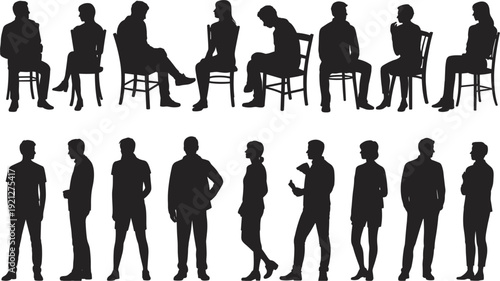 Diverse group of people silhouettes sitting and standing in various poses vector illustration