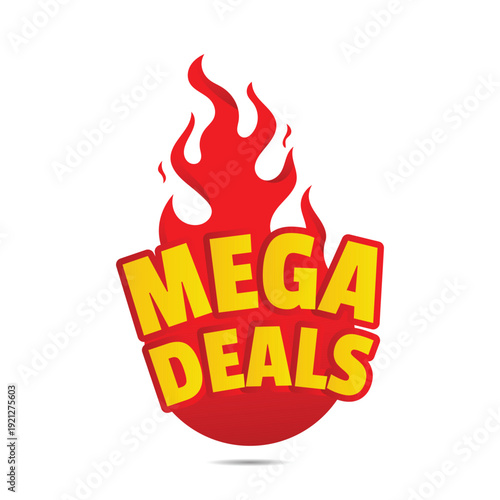 Large red fire flame sticker featuring mega deals text for significant retail discount and marketing