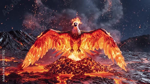 Mythical phoenix rebirth from volcanic ashes and molten lava, emerging with fiery wings and glowing eyes in a dramatic eruption, symbolizing renewal and power, epic fantasy scene