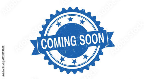 Blue circular grunge rubber stamp icon featuring a banner that prominently displays the text coming soon in bold white lettering