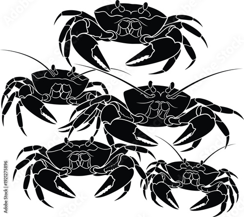 Black and white illustration of four crabs on a white background