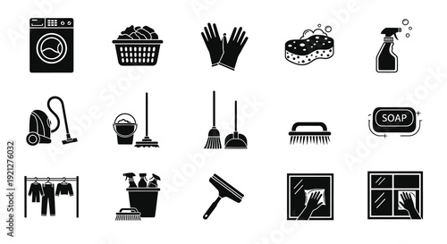 Black icons depicting cleaning supplies and household chores silhouette