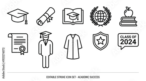 Collection of academic success icons including graduation caps, diplomas, books, and a globe, representing education and achievement.