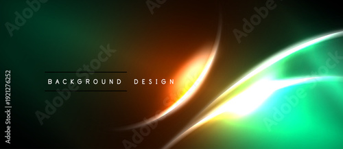 Abstract neon lines create vibrant glow. Dark background emphasizes bright curves, gradients, modern design elements.