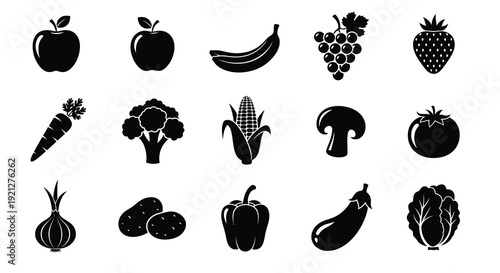 Collection of various vegetable icons in a dark silhouette