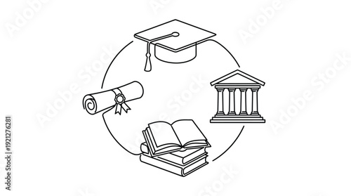 Circular diagram illustrating the interconnectedness of education, including a graduation cap, diploma, books, and a classical building representing an institution.