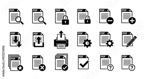 Various pdf document icons with associated symbols a black silhouette