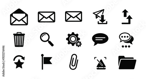A collection of black icons representing digital communication and features silhouette
