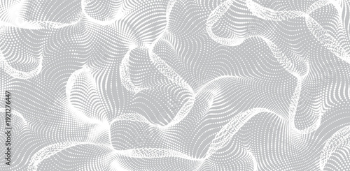 Waves halftone dots background. A haze of flying particles, a twisting veil texture. Abstract dotted grid. Distorted web surface, digital white pattern. Vector wallpaper