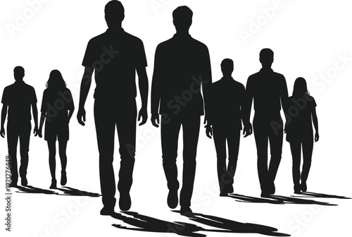 Group Of People Silhouettes Walking Forward With Shadows vector illustration