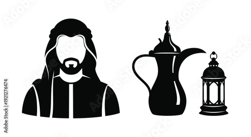 Arabic man with traditional coffee pot and lantern silhouette