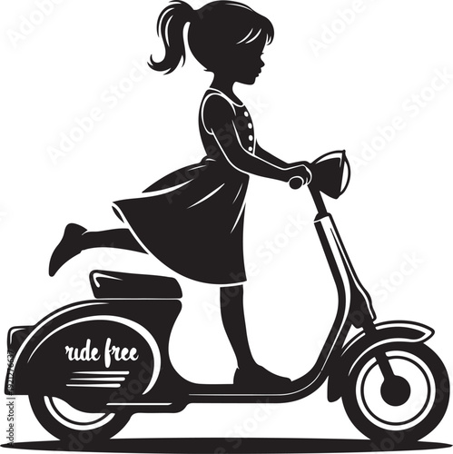 Girl Riding Scooter Silhouette Black and White Vector Illustration