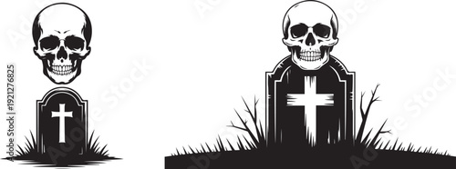 Skull in Graveyard Horror Black and White Vector Illustration