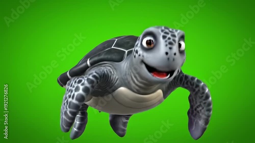 Friendly Animated Cartoon Sea Turtle Character Waving, Smiling, and Swimming on Green Screen Background for VFX