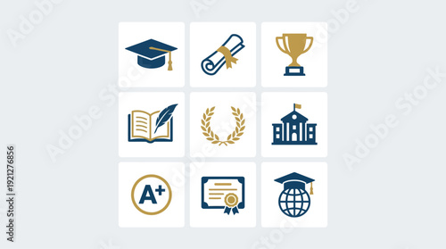 A collection of nine educational icons representing graduation, achievement, and learning, arranged in a 3x3 grid.
