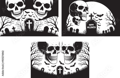 Skull Illustration Horror Black and White Gothic Vector Artwork